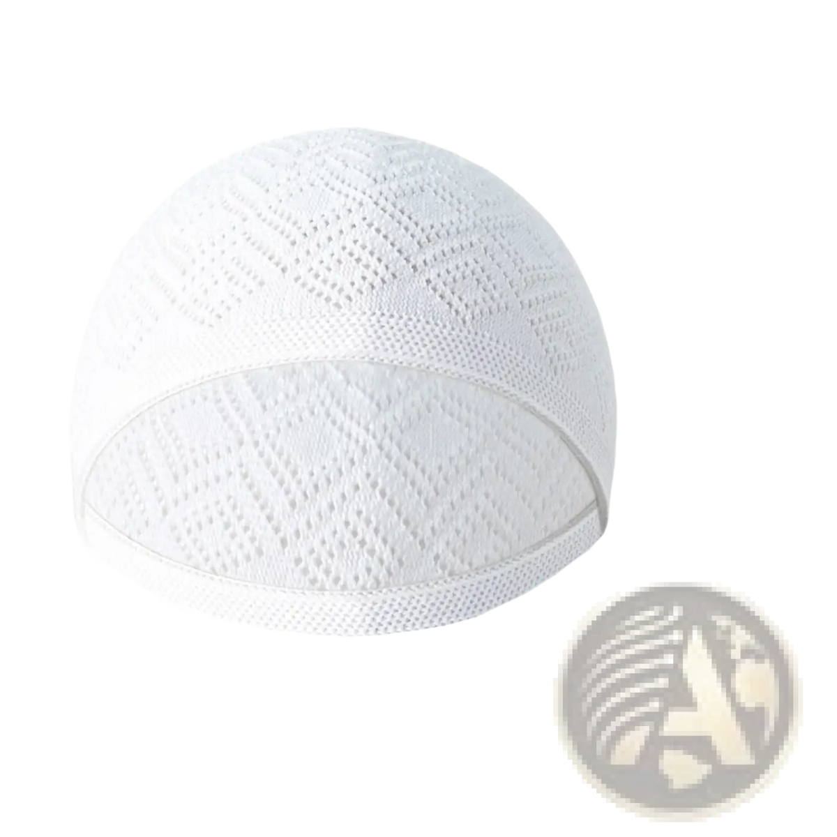 White knitted kufi beanie prayer cap with diamond-patterned mesh design in soft breathable fabric