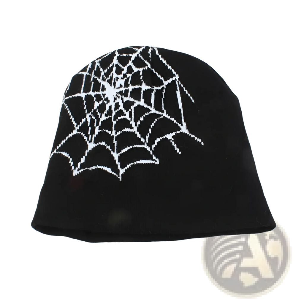 Black knitted letter jacquard beanie hat featuring a white spiderweb design on a warm knit fabric