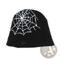 Black knitted letter jacquard beanie hat featuring a white spiderweb design on a warm knit fabric