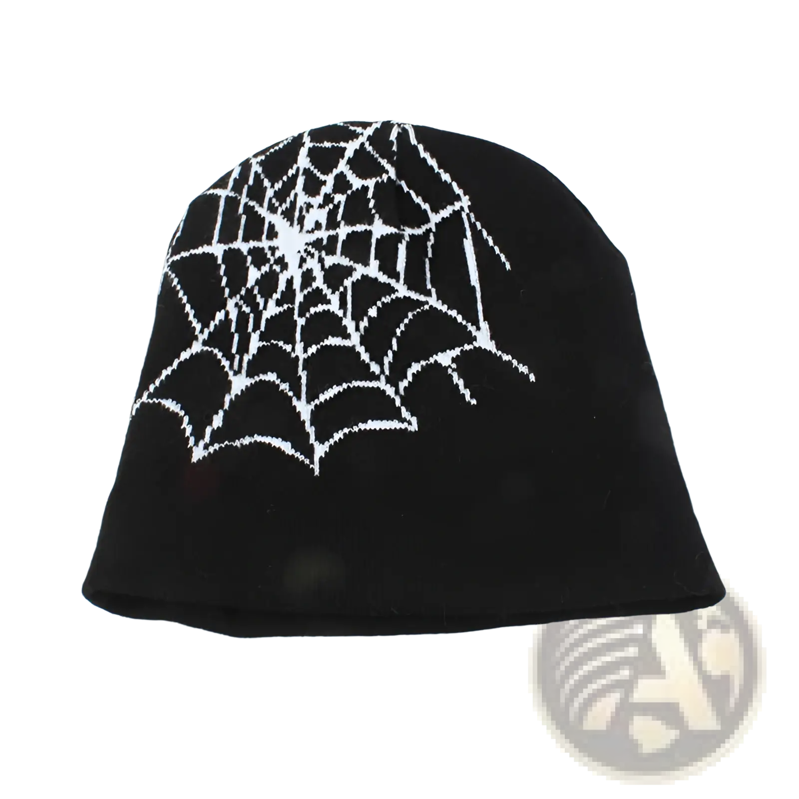 Black knitted letter jacquard beanie hat featuring a white spiderweb design on a warm knit fabric