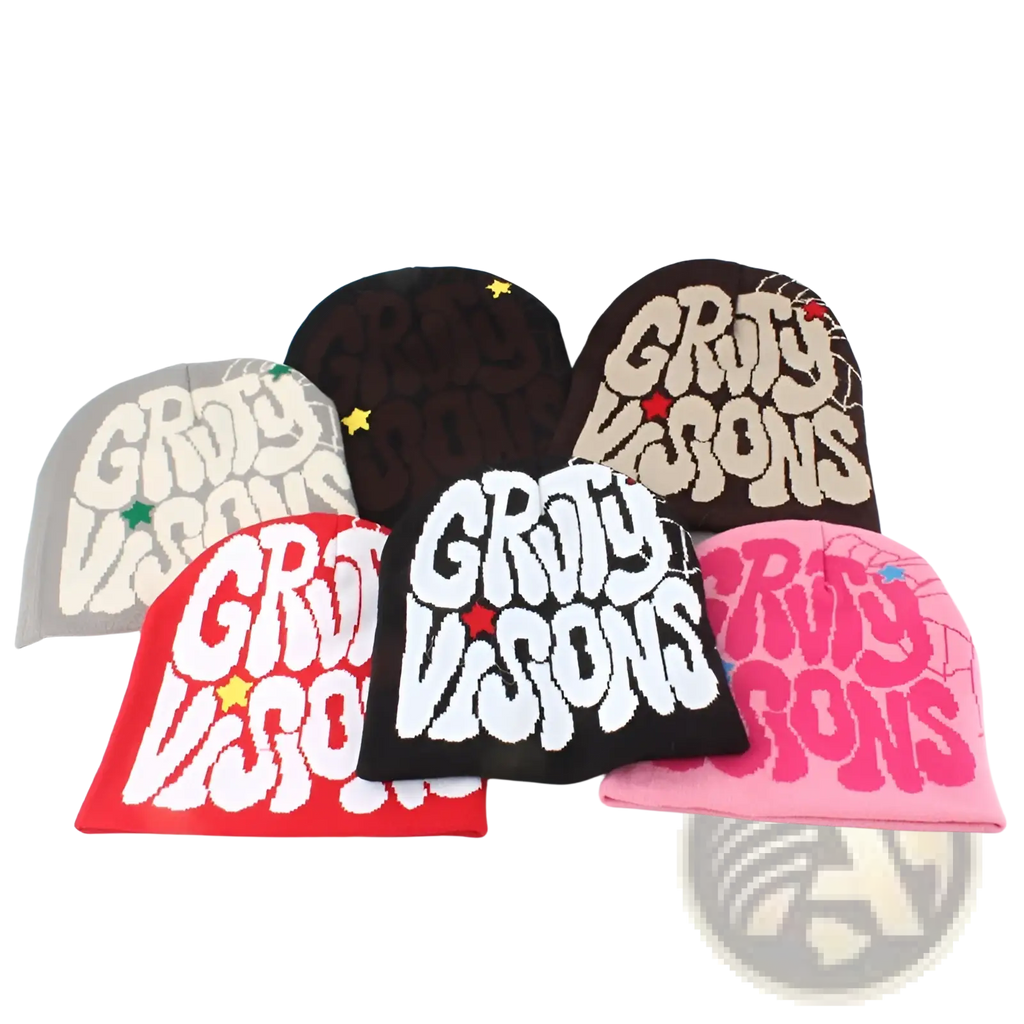 Colorful knitted letter jacquard beanie hats with grity visions logo and star accents in bold lettering