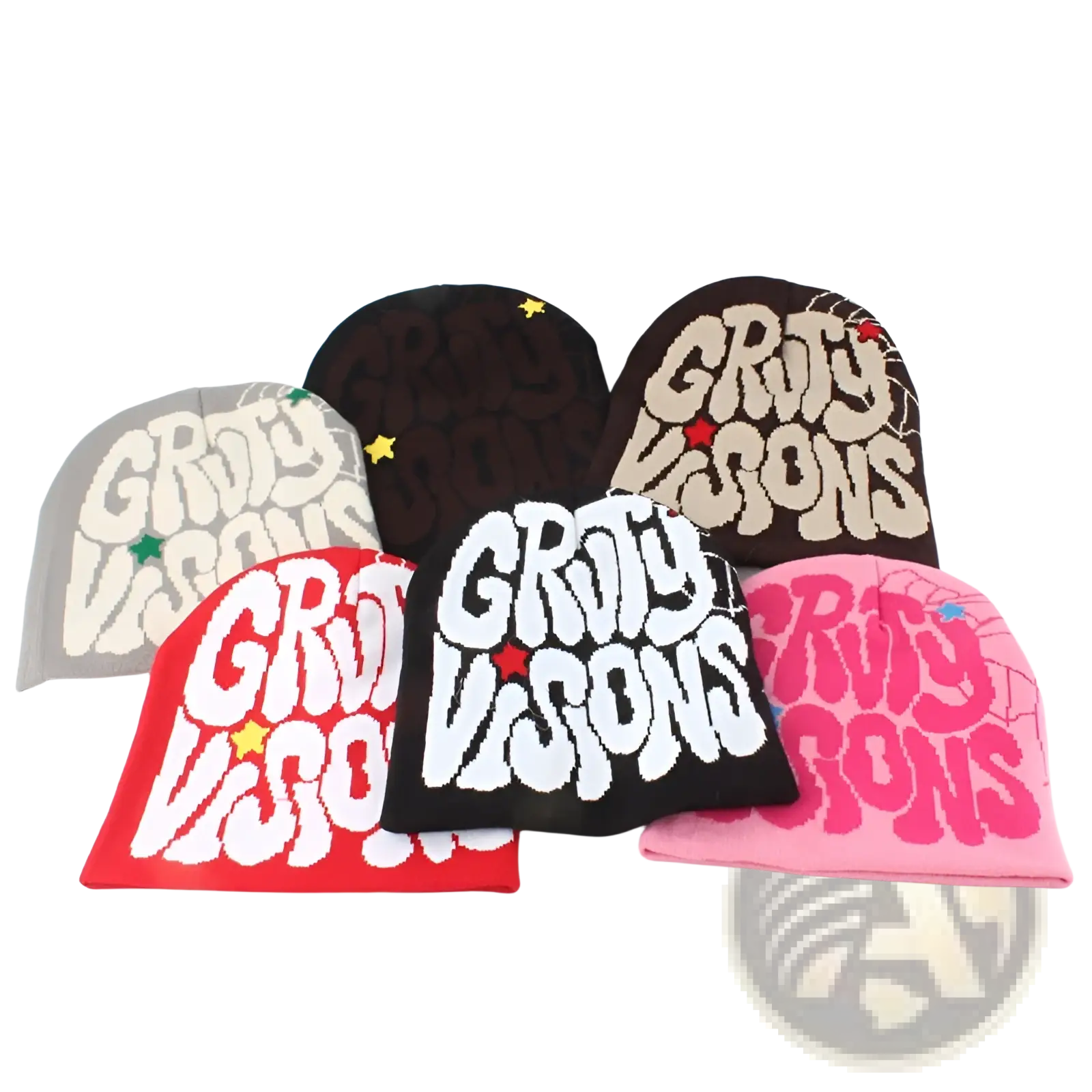 Colorful knitted letter jacquard beanie hats in vibrant hues featuring grity visions logo and star accents