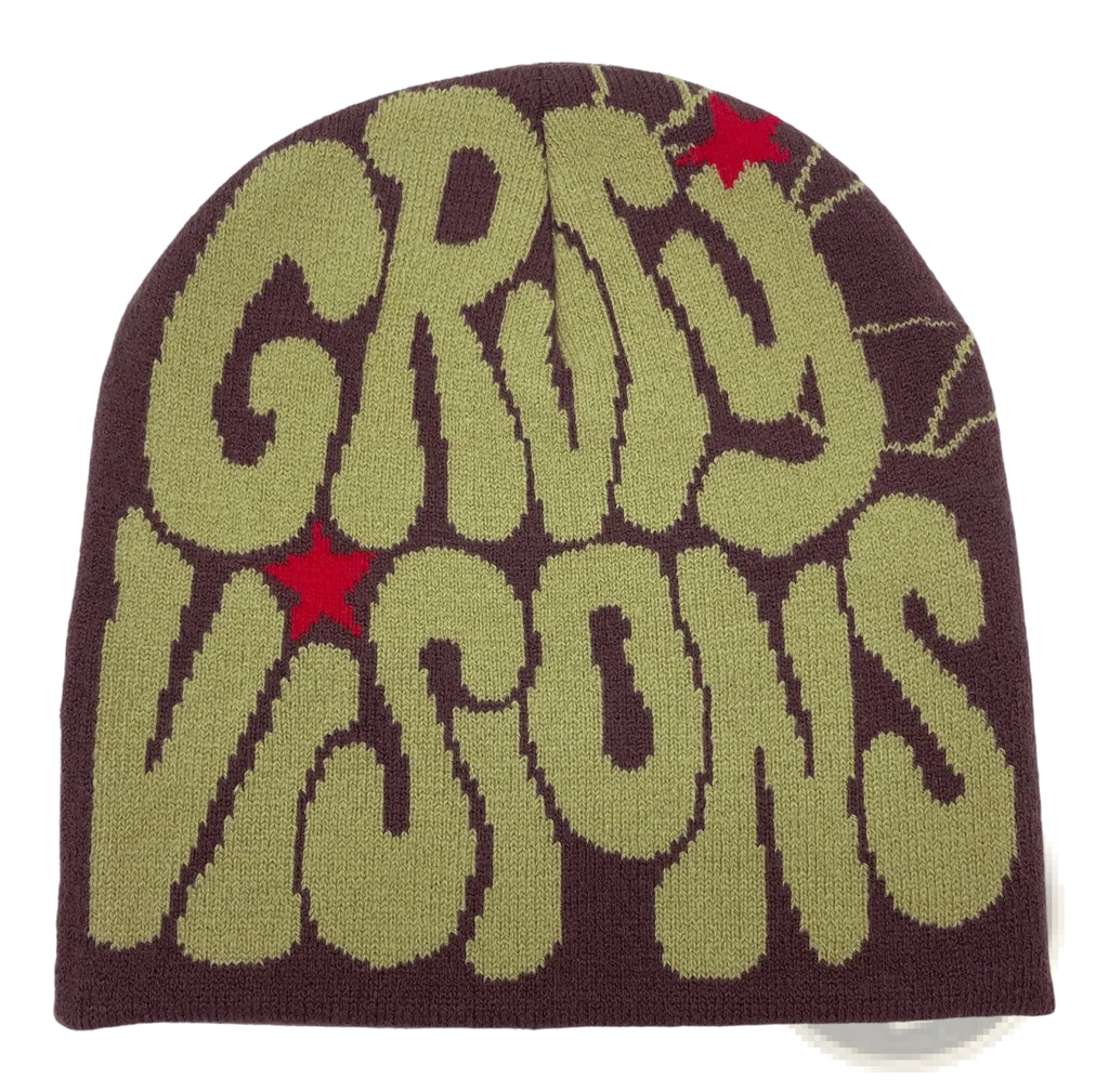 Knitted letter jacquard beanie hat in dark brown wool with bold olive green griny visions lettering and red star embroidery