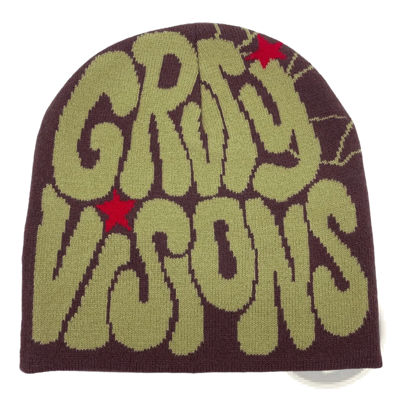 Knitted letter jacquard beanie hat in dark brown wool with bold olive green griny visions lettering and red star embroidery