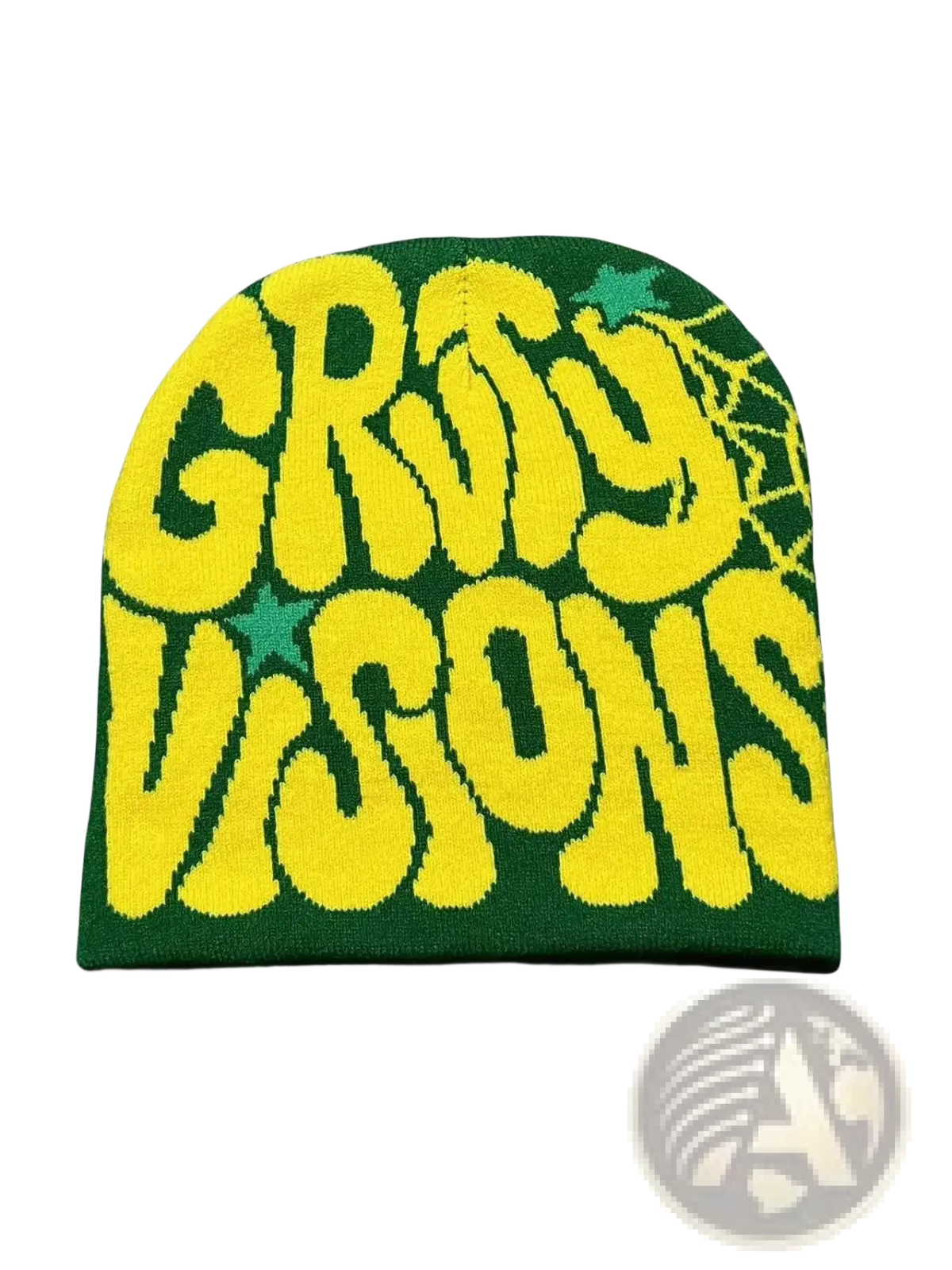 Green knitted letter jacquard beanie hat with bold yellow gry visions lettering and small green star accents