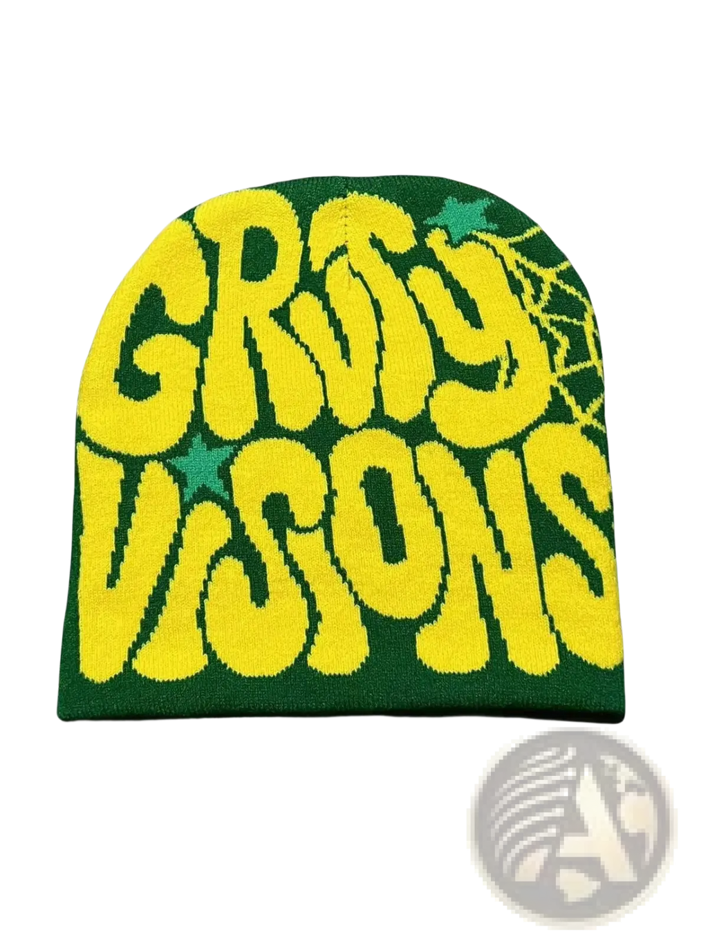 Green knitted letter jacquard beanie hat with bold yellow gry visions lettering and small green star accents