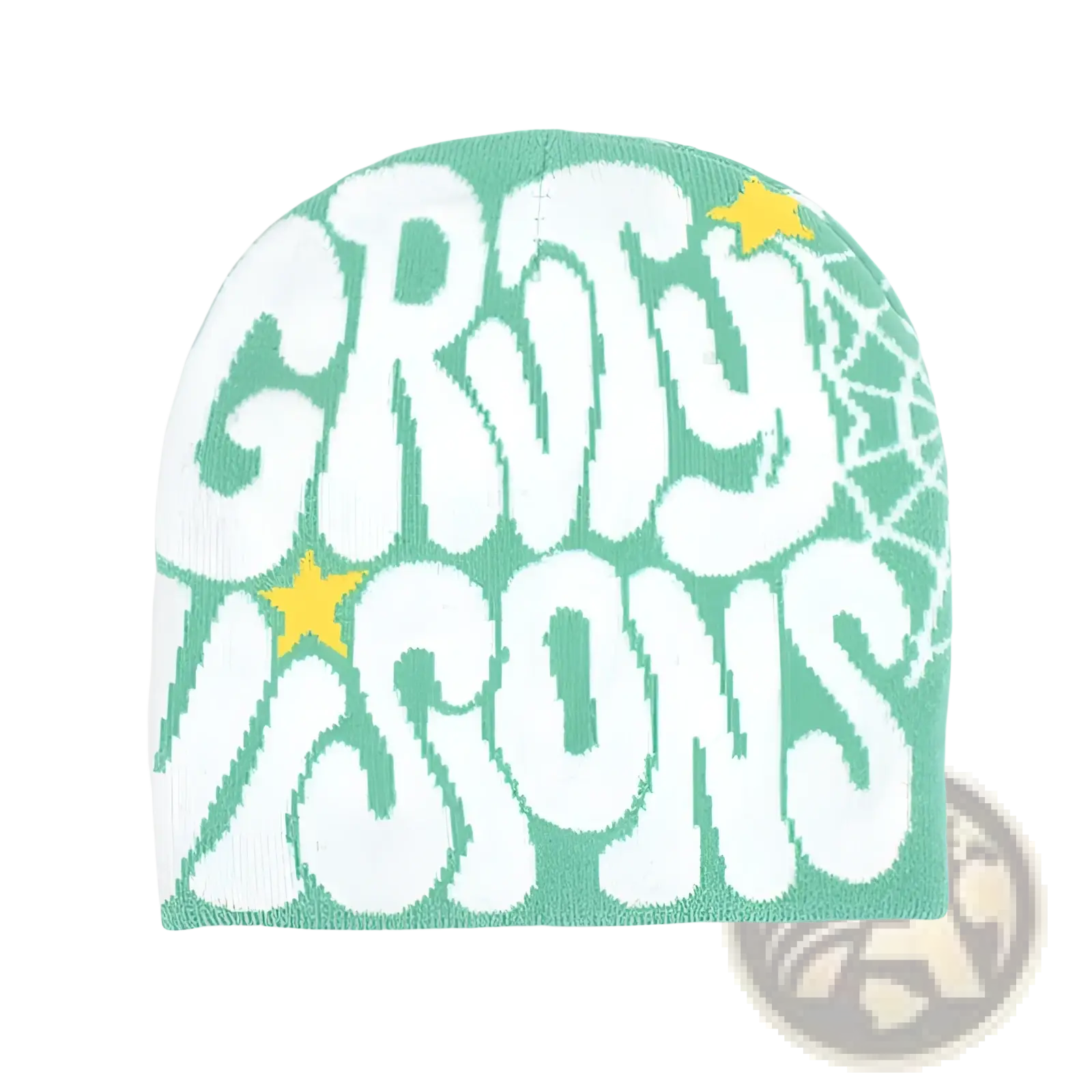 A mint green knitted letter jacquard beanie hat featuring bold white gruty icons lettering, yellow stars, and spiderweb pattern