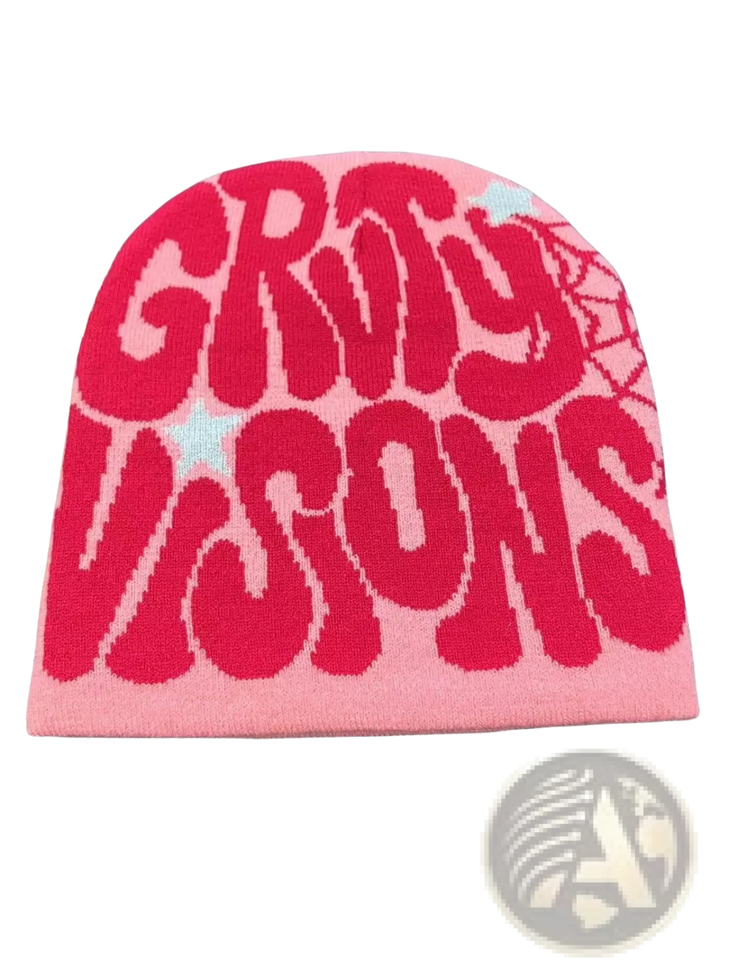 Pink knitted letter jacquard beanie hat with bold red grity visions lettering and light blue star accents