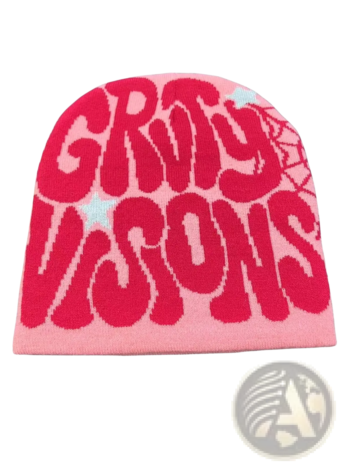 Pink knitted letter jacquard beanie hat with bold red grity visions lettering and light blue star accents