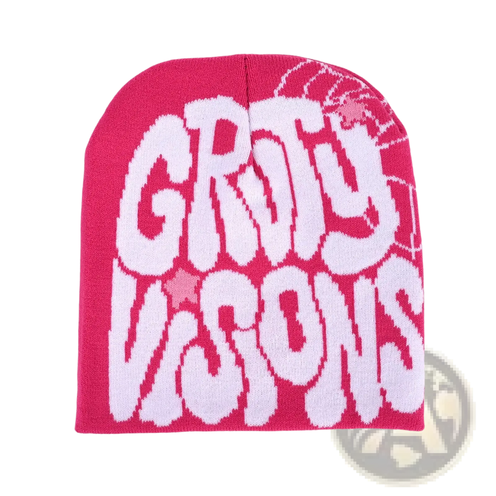 A vibrant pink knitted letter jacquard beanie hat with bold white groty visions lettering and subtle spiderweb design