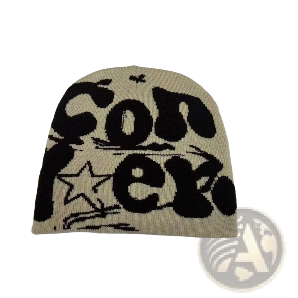 Beige knitted letter jacquard beanie with bold black conex lettering and star graphic warm winter hat