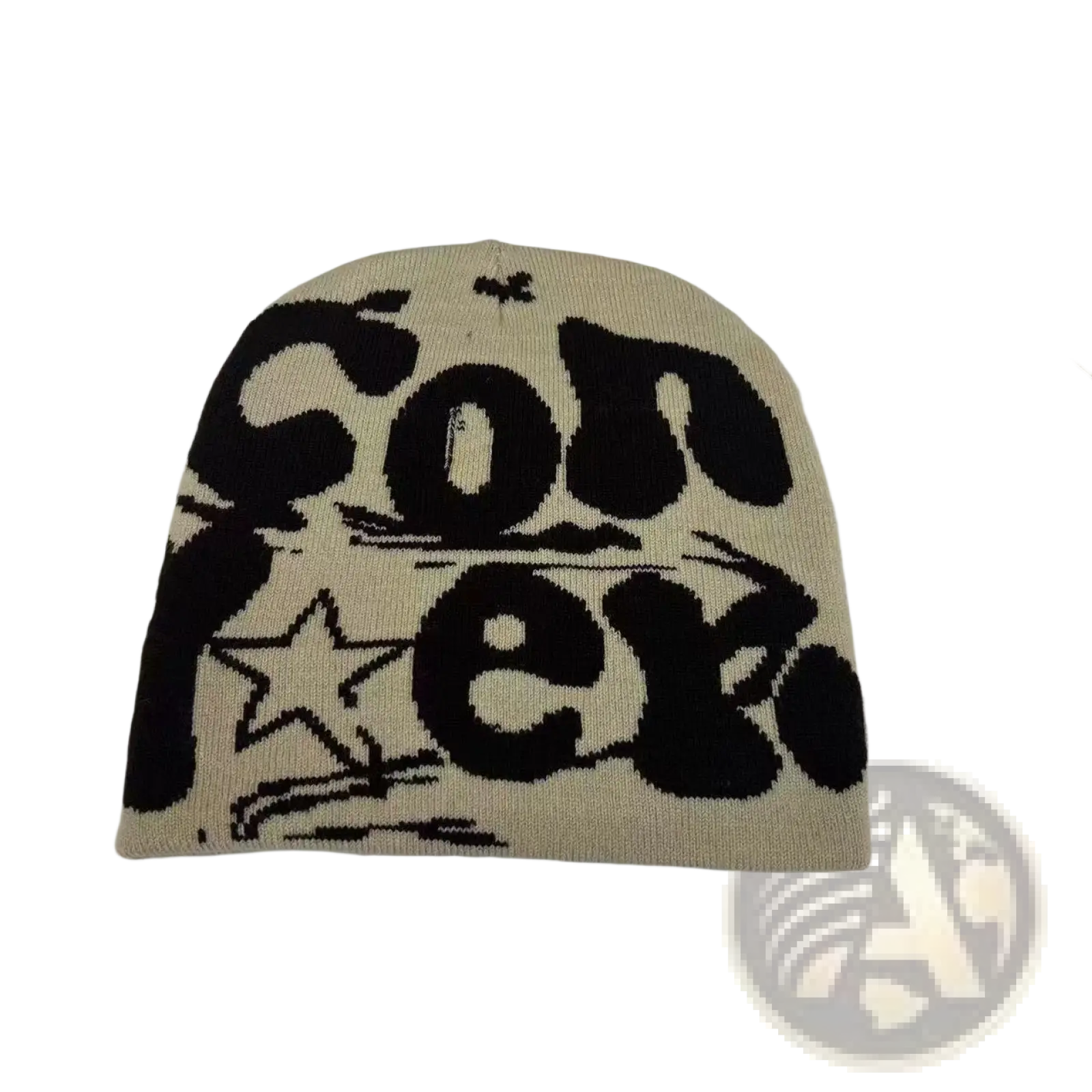 Beige knitted letter jacquard beanie with bold black conex lettering and star graphic warm winter hat