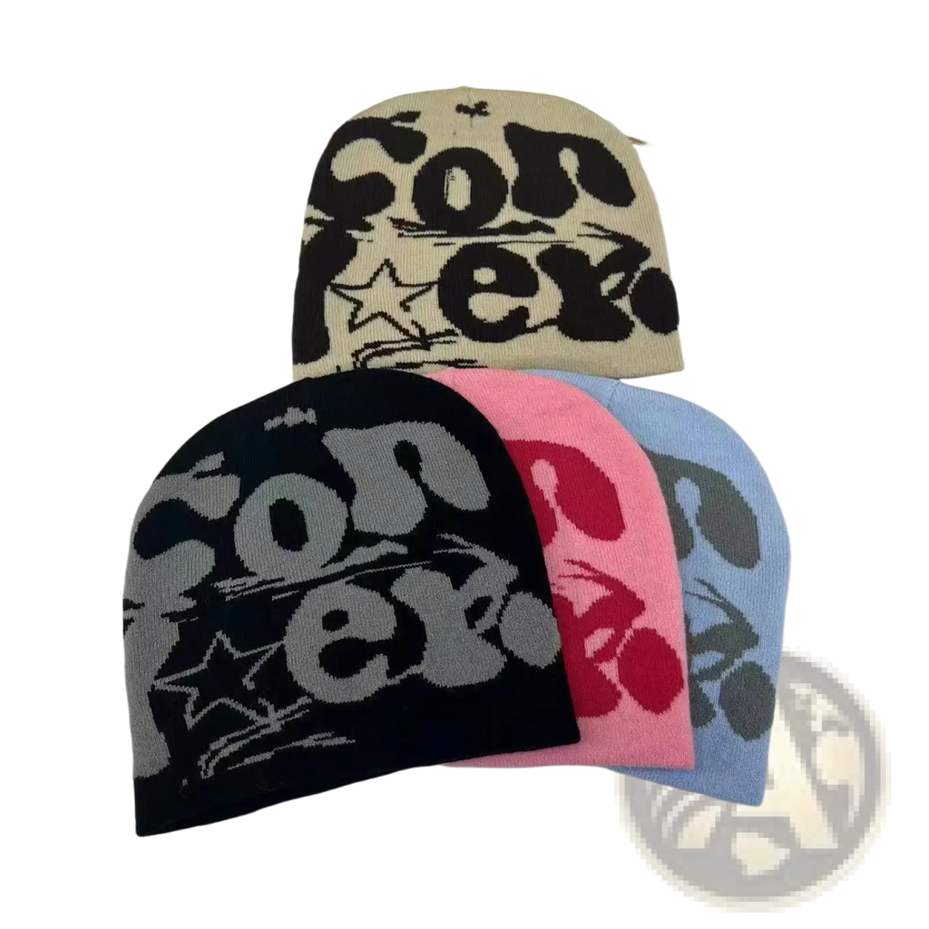 Knitted letter jacquard beanie warm winter hat in beige black pink and light blue with bold converse lettering and star motifs