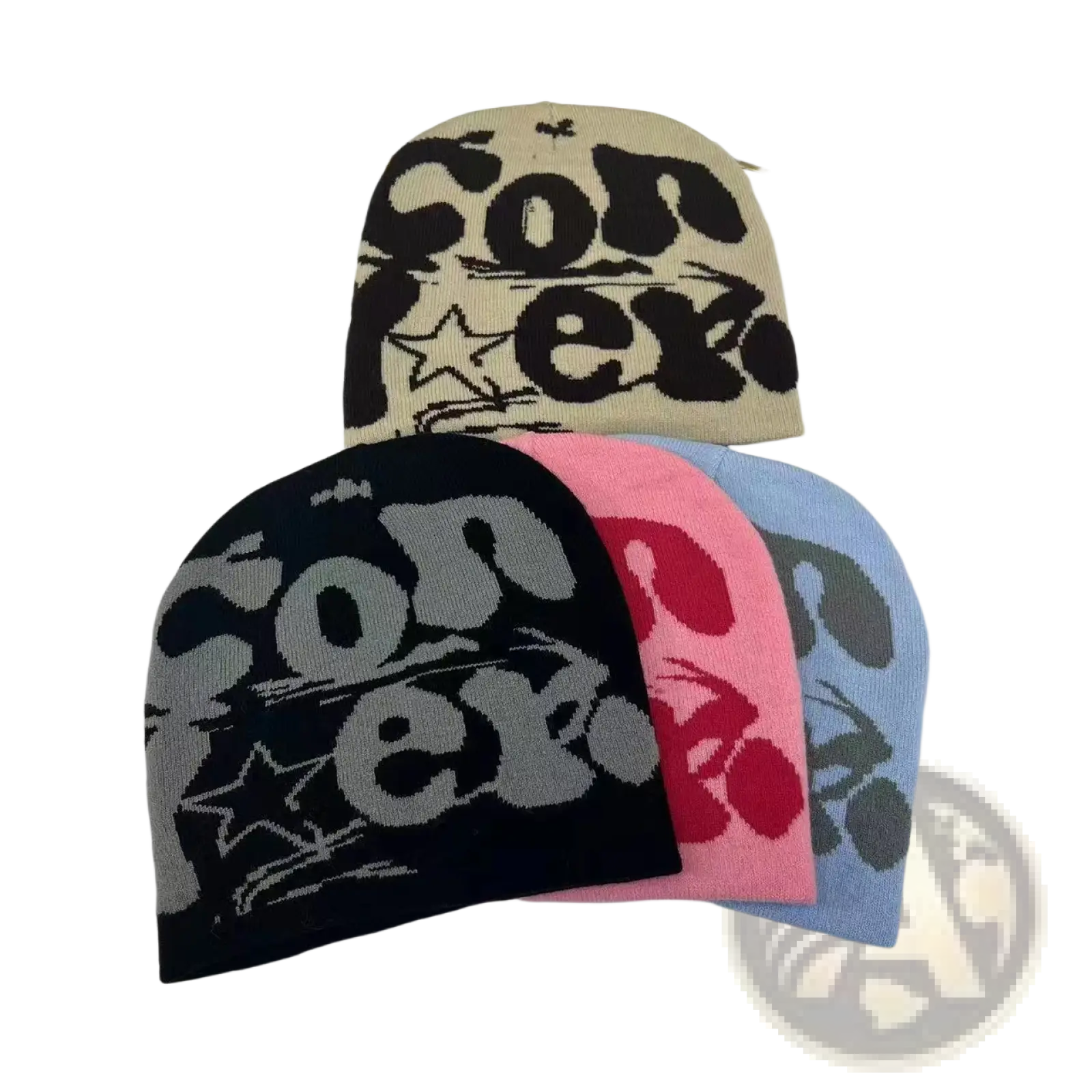 Beige black pink and light blue knitted letter jacquard beanies with bold converse lettering and star motifs for winter use