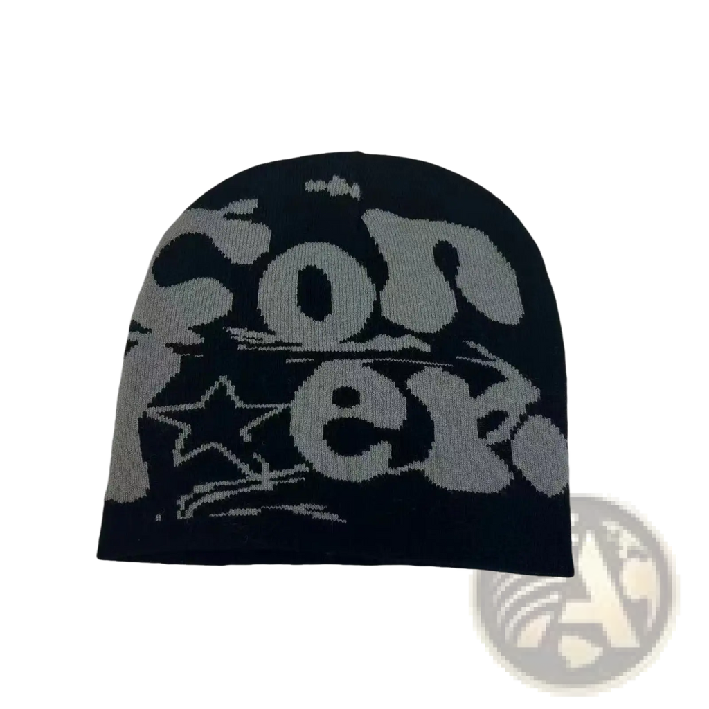 Black knit jacquard beanie with bold gray con graphic and star motifs warm winter hat