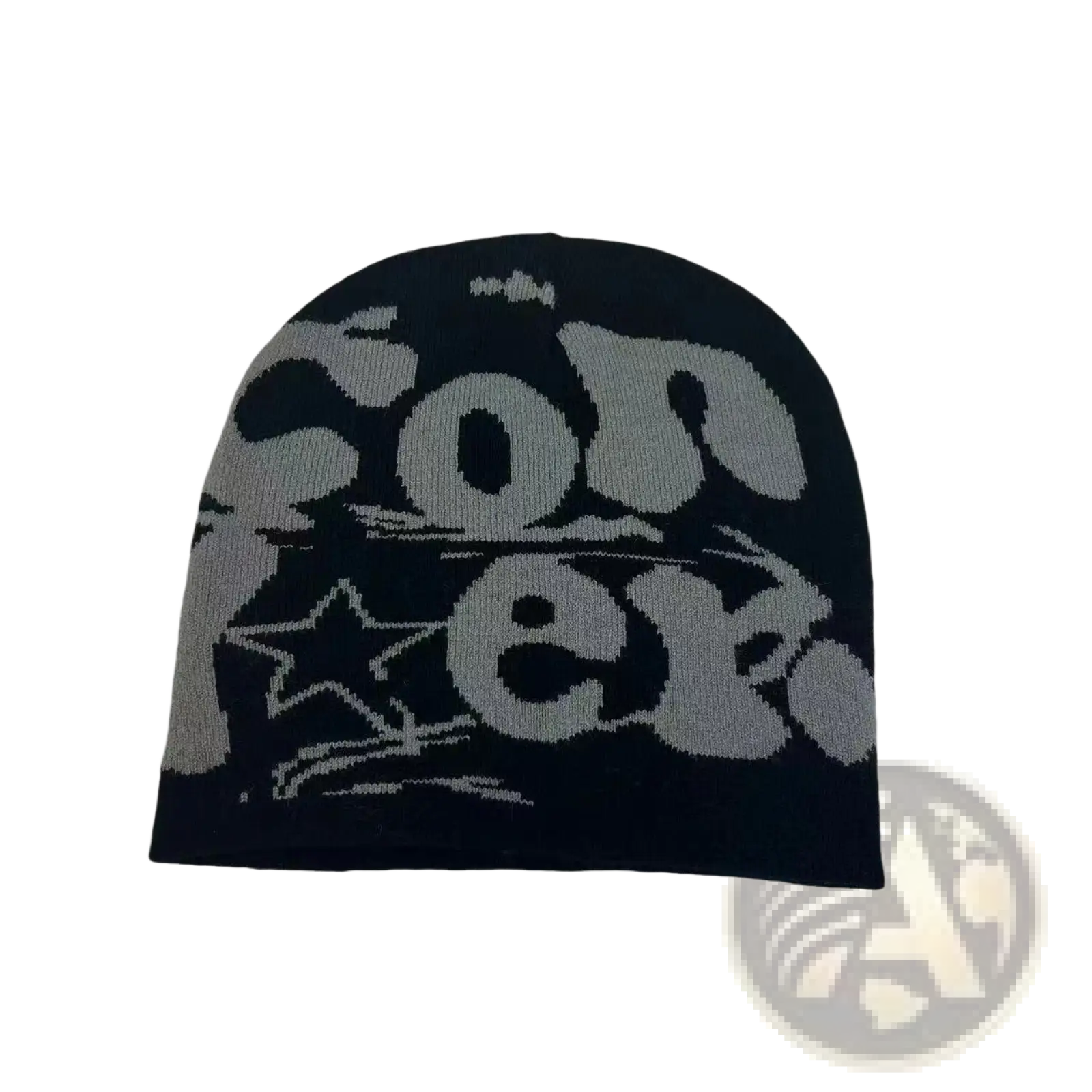 Black knit jacquard beanie with bold gray con graphic and star motifs warm winter hat