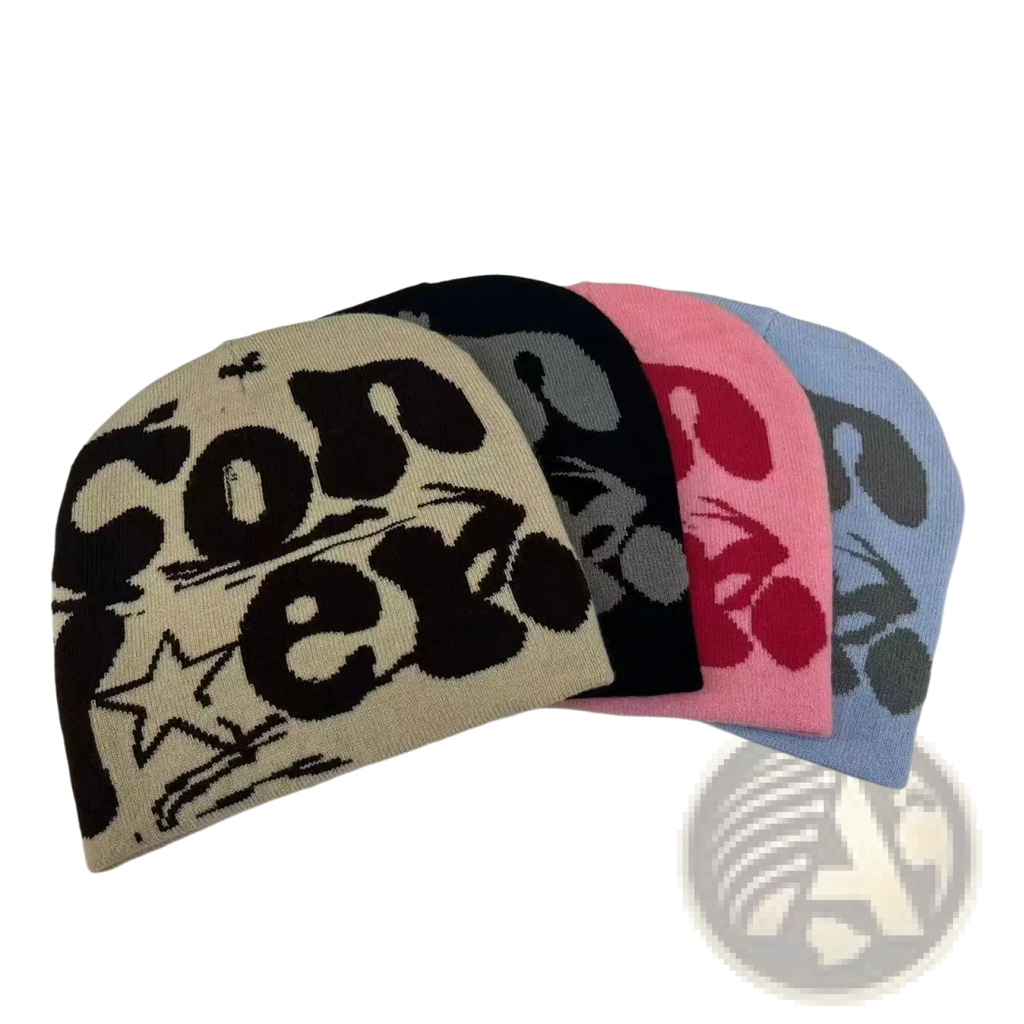 Knitted letter jacquard beanie with bold black graffiti lettering and star on off-white warm winter hat