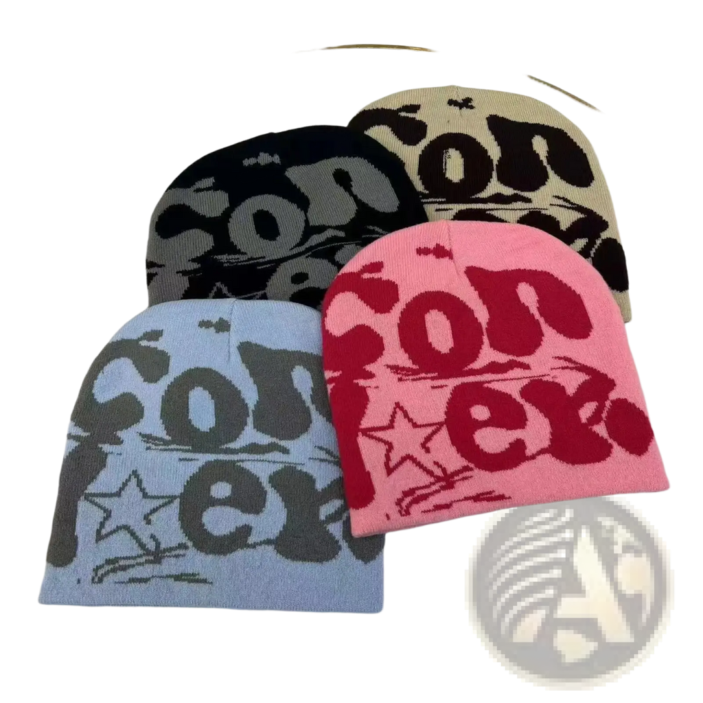 Pink knitted letter jacquard beanie warm winter hat with bold red con lettering and star design