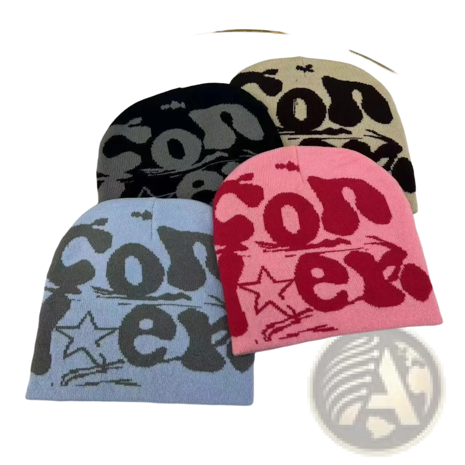 Pink knitted letter jacquard beanie warm winter hat with bold red con lettering and star design