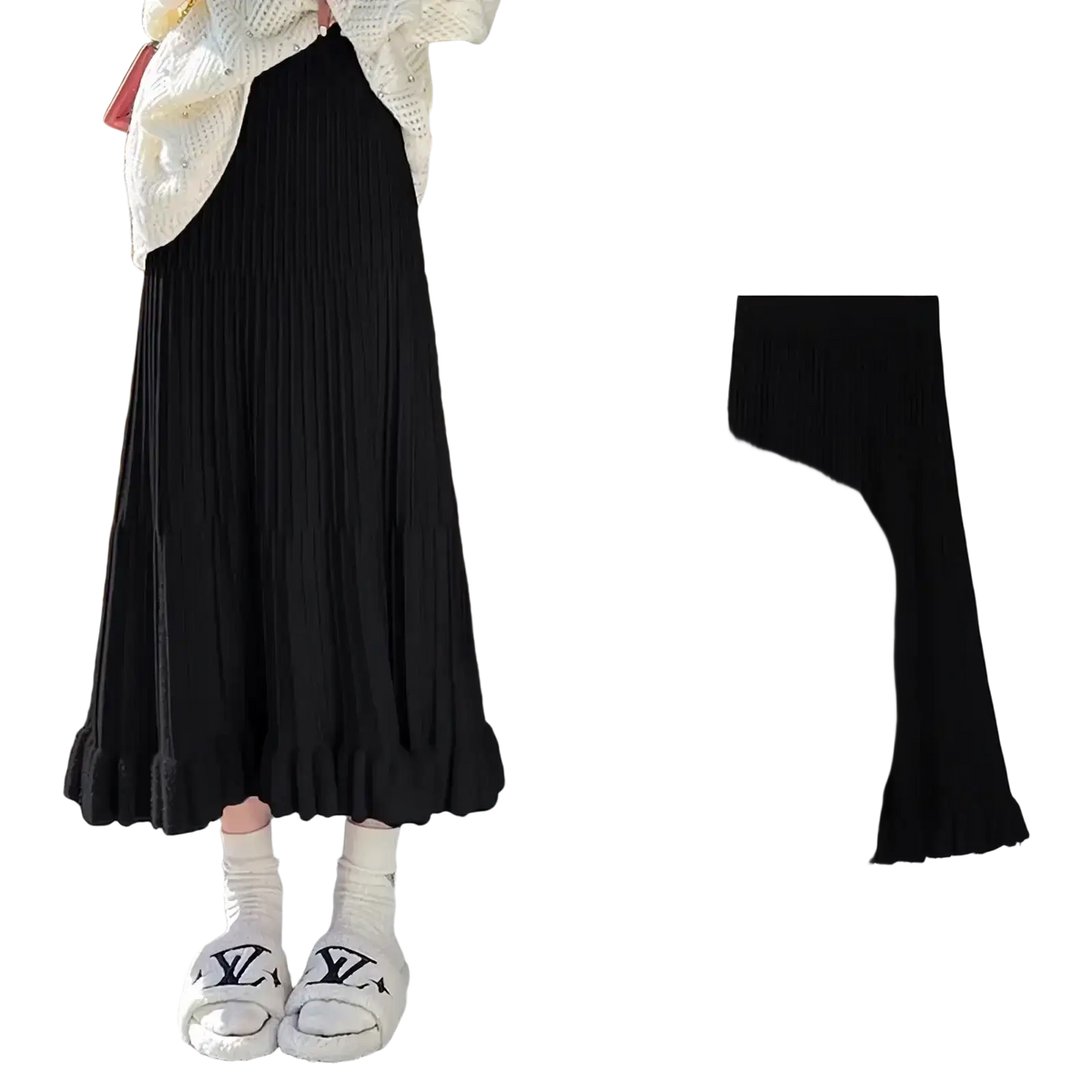 Black knitted midi skirt with high waist and pleated flowing layered umbrella design