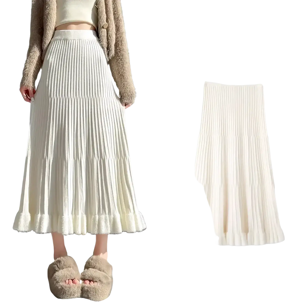 Cream-colored knitted midi skirt with high waist pleats and soft fuzzy trim along hem and waistband
