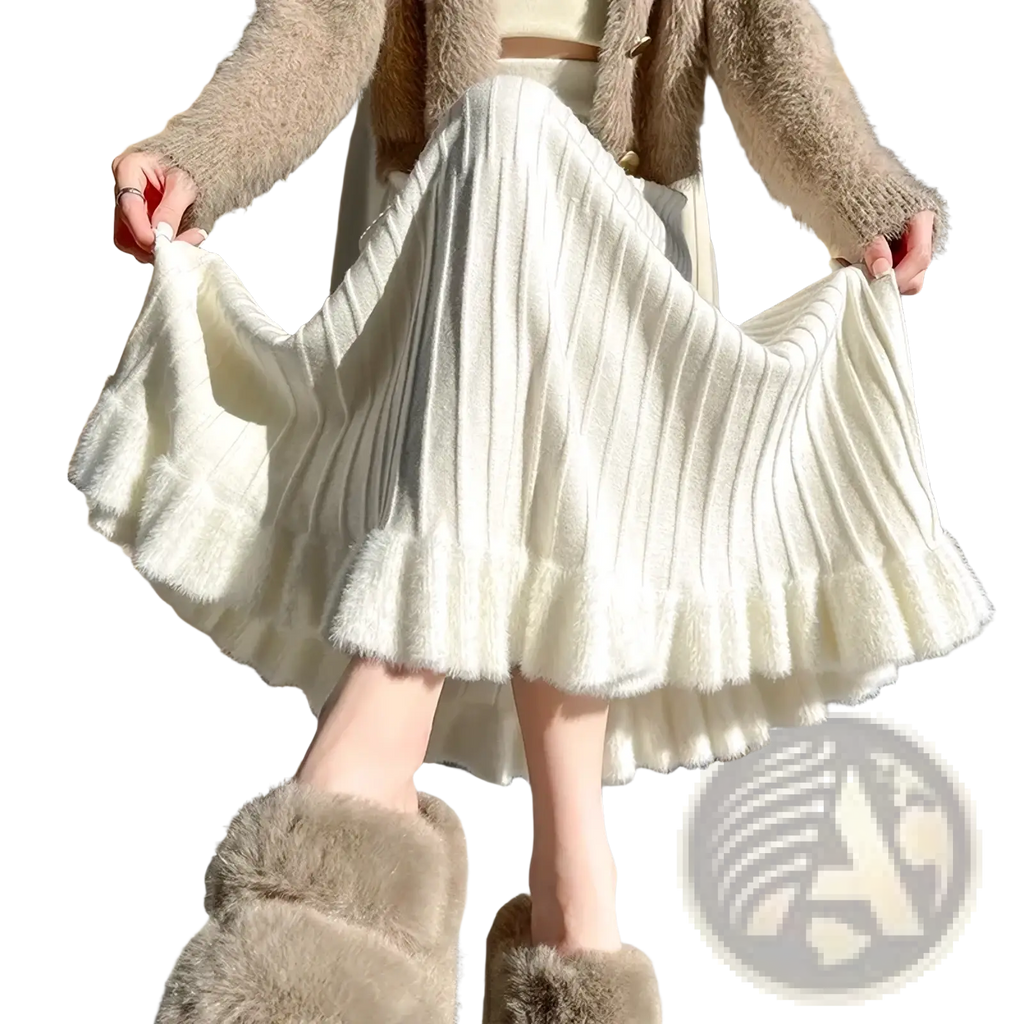 Cream-colored ribbed knit pleated midi skirt with high waist and fluffy ruffled hem for elegant occasions