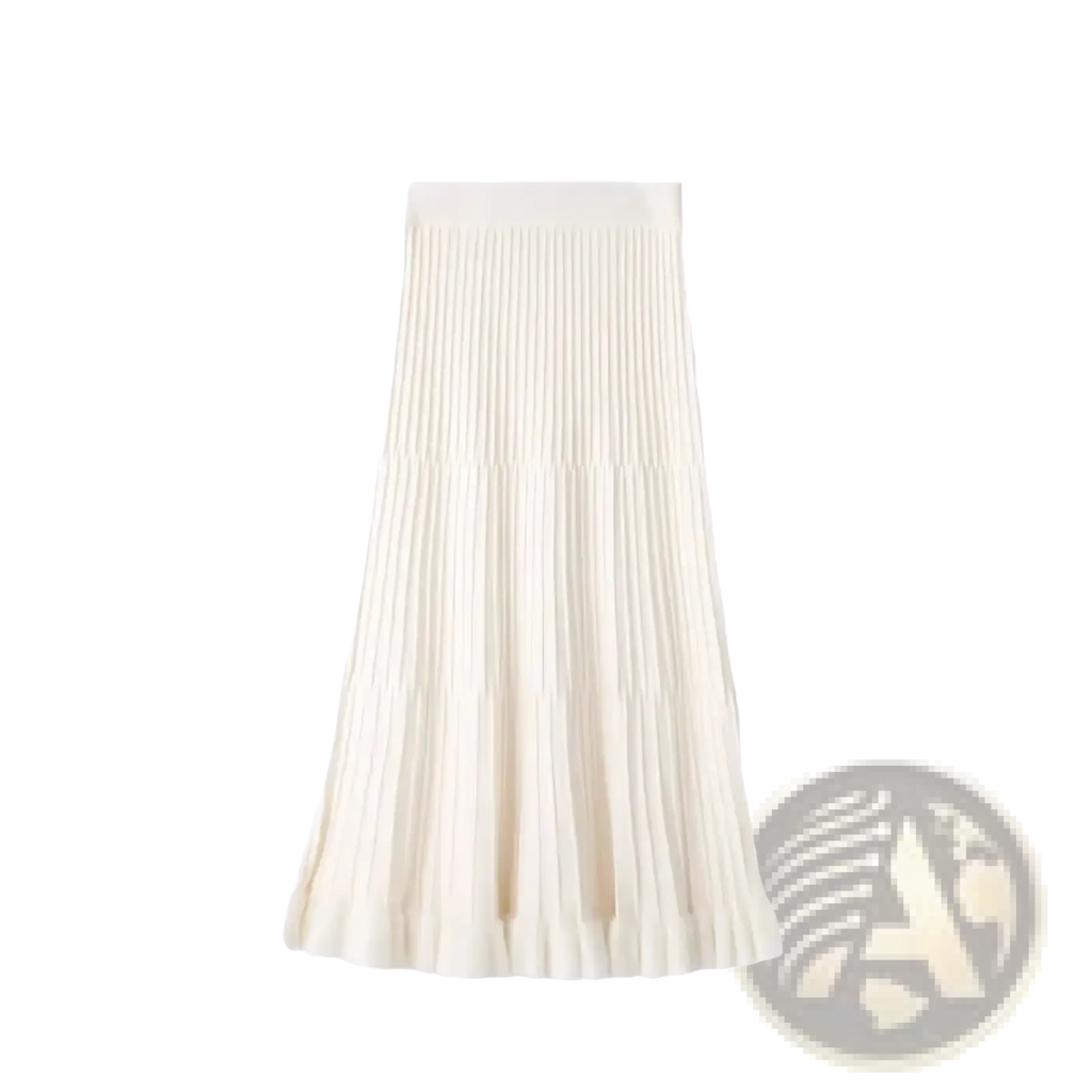A cream-colored knitted midi skirt with a high waist and evenly spaced pleats in smooth textured fabric
