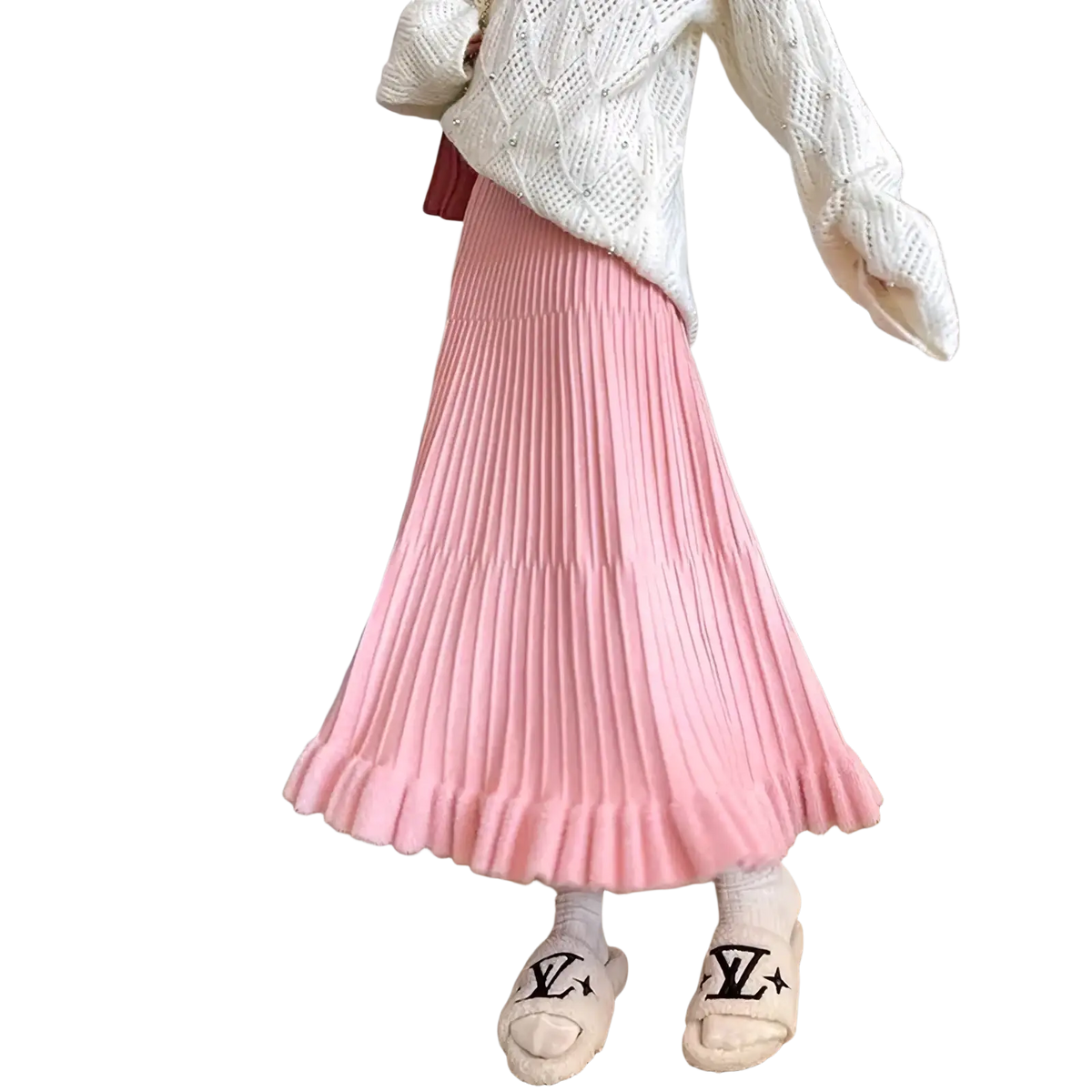 Pink knitted midi skirt high waist pleated umbrella style with soft flowing silhouette and subtle texture