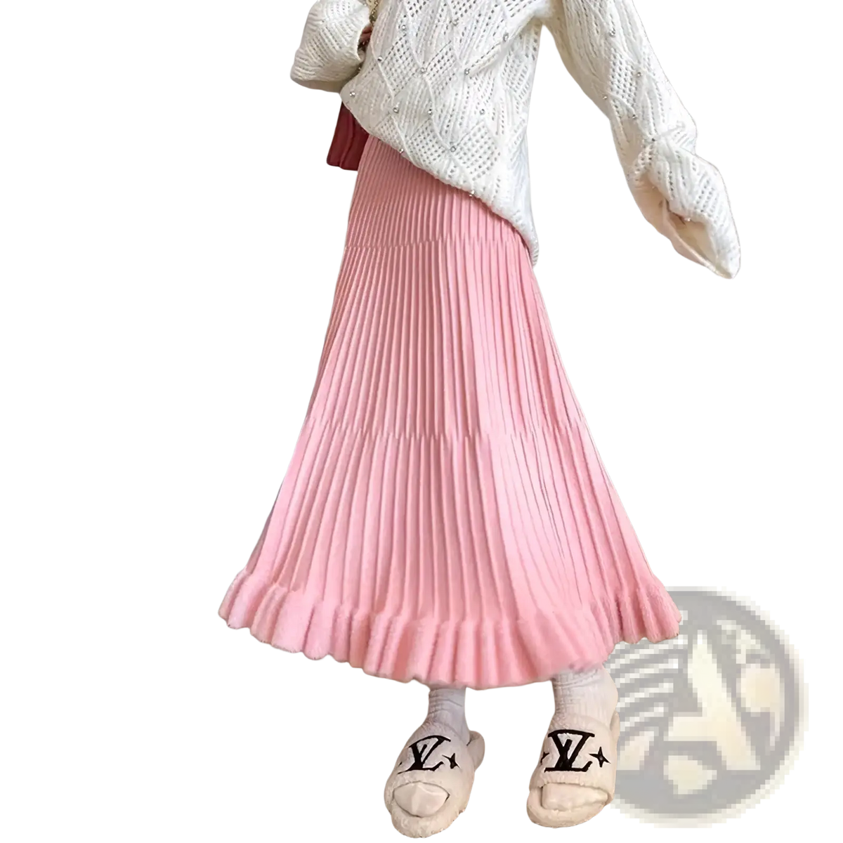 Pink knitted midi skirt high waist pleated umbrella style with soft flowing silhouette and subtle texture