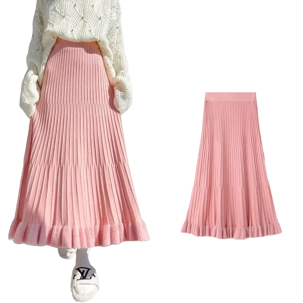 A soft pink knitted midi skirt with high waist, pleated design, and flared hem showcasing subtle texture