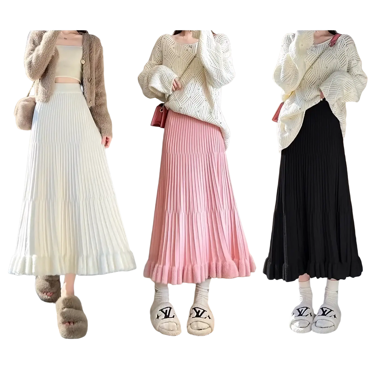 Three knitted midi skirts in cream pink and black with high waist pleated umbrella design
