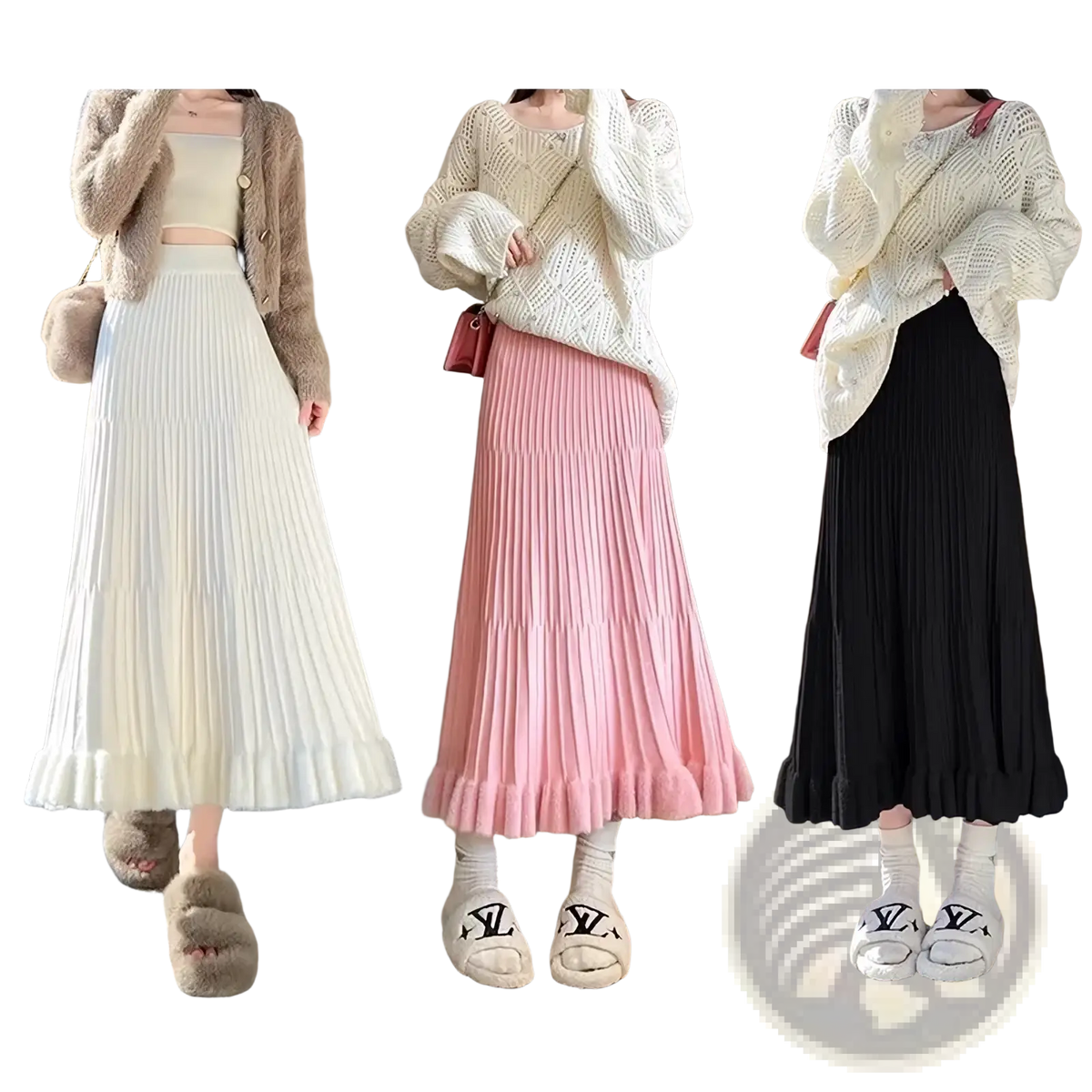 Three knitted midi skirts in cream pink and black with high waist pleated umbrella design