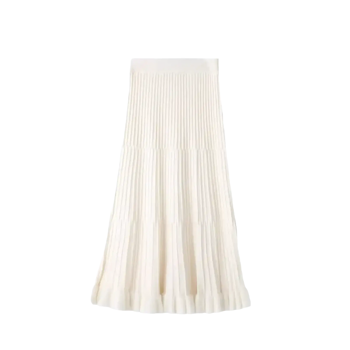 A flowing off-white knitted midi skirt with high waist pleated umbrella design and soft tiered gathered fabric