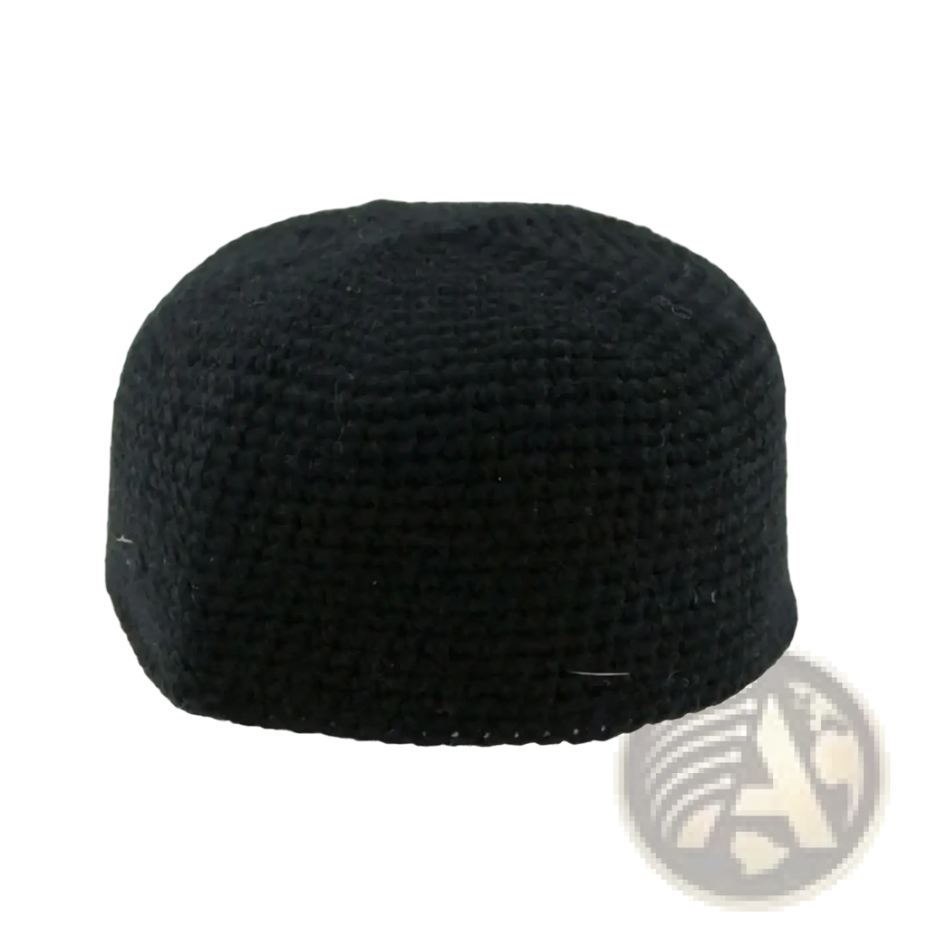 Black knitted muslim prayer hat kufi cap with textured uniform weave suitable for winter wear