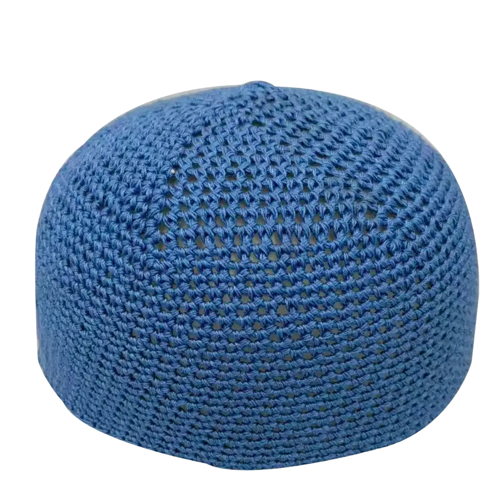 Blue knitted muslim prayer hat winter kufi cap with textured uniform stitch pattern made from warm yarn