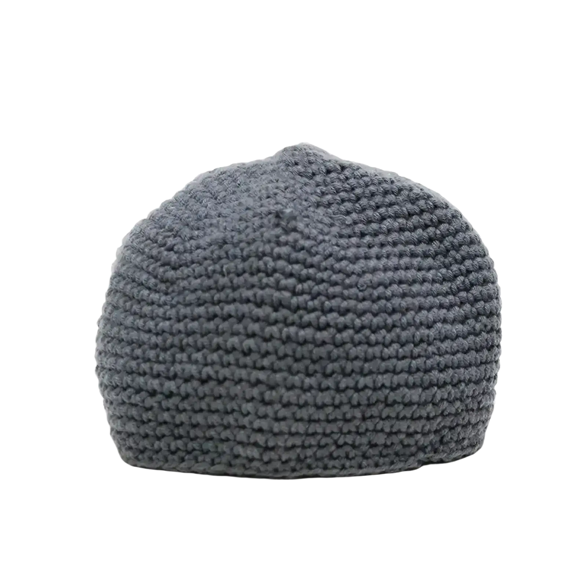 A cozy dark gray knitted muslim prayer hat kufi cap with a textured uniform stitch pattern for winter use