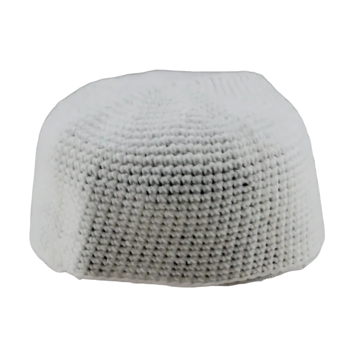 White knitted muslim prayer hat kufi cap featuring a textured uniform stitch pattern for winter use