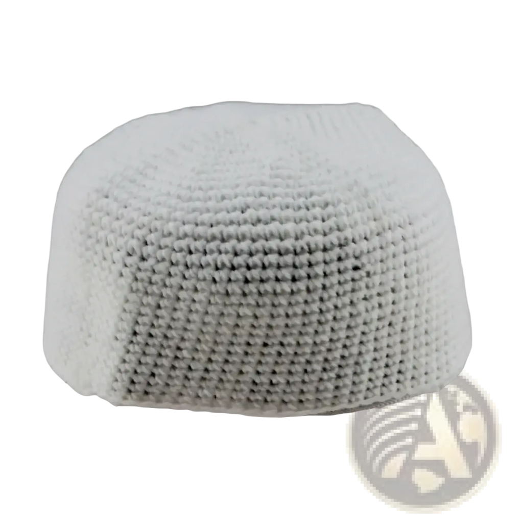 White knitted Muslim prayer hat winter kufi cap with textured uniform stitch pattern made of soft yarn
