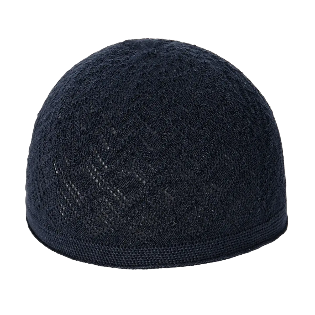 Knitted muslim prayer kufi skull cap men in black with textured breathable mesh pattern and ribbed brim