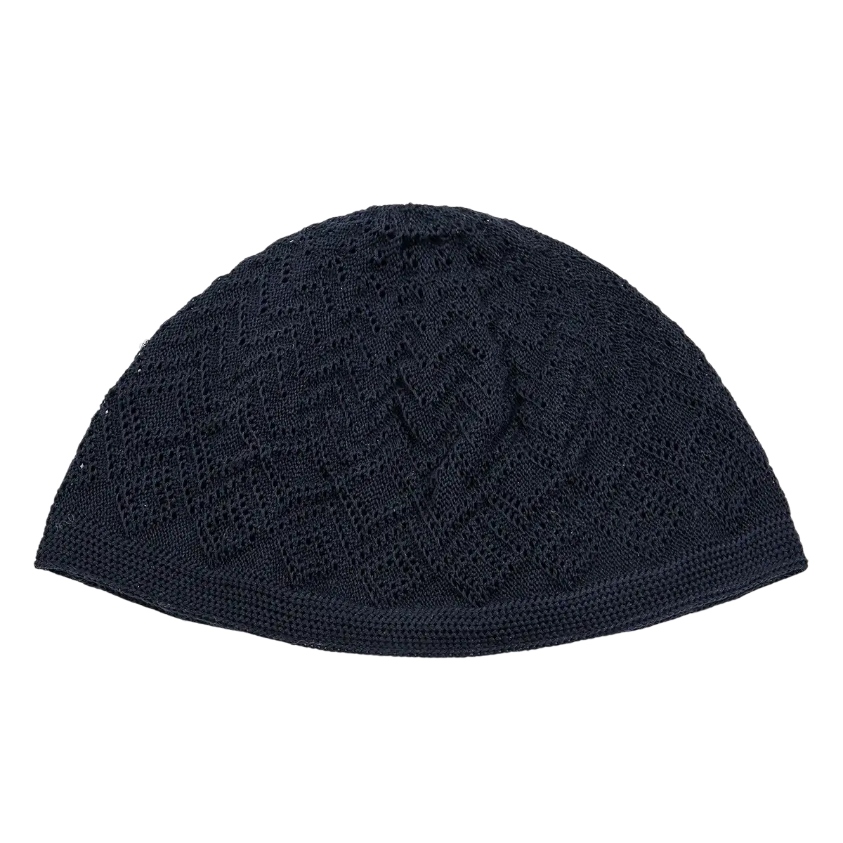 Black knitted muslim prayer kufi skull cap with textured diamond-patterned weave for men