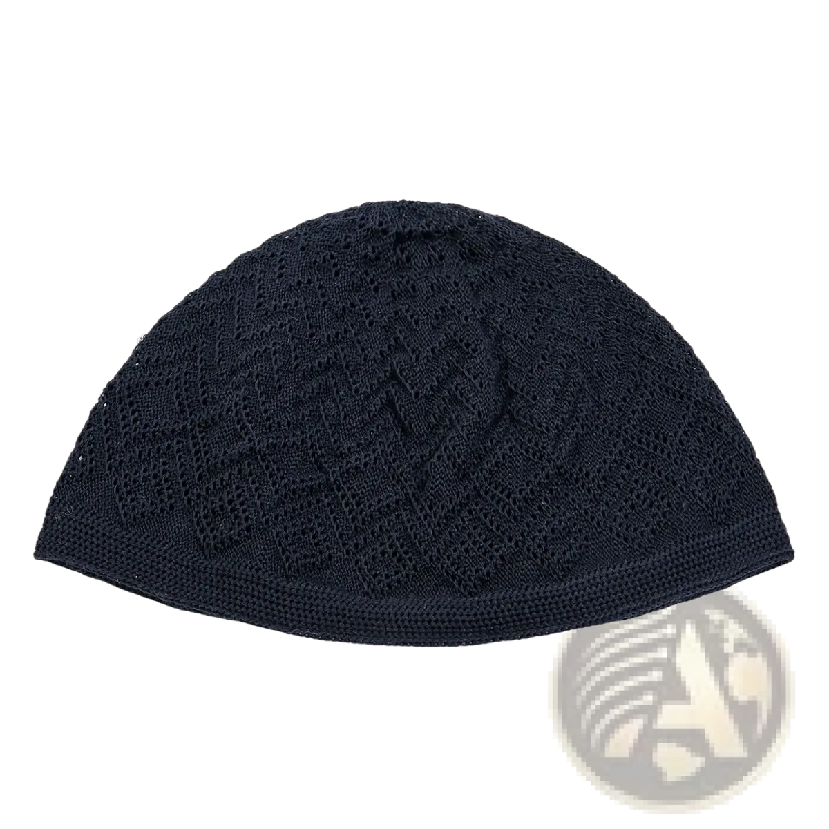 Black knitted muslim prayer kufi skull cap with textured diamond-patterned weave for men