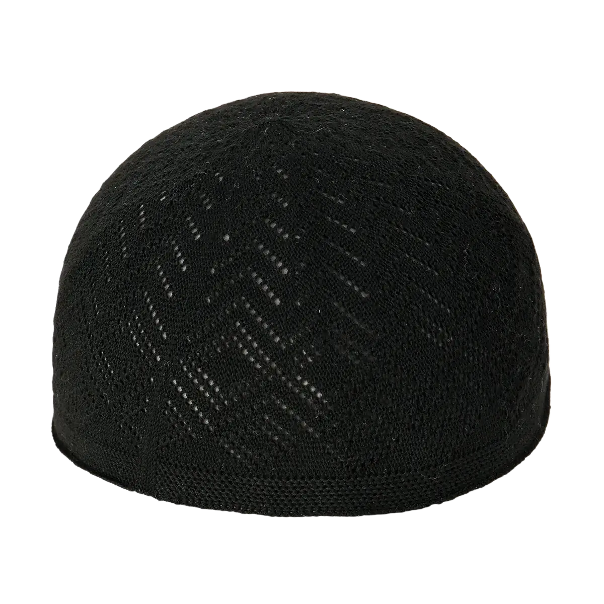 Black knitted Muslim prayer kufi skull cap for men featuring a textured mesh-like pattern