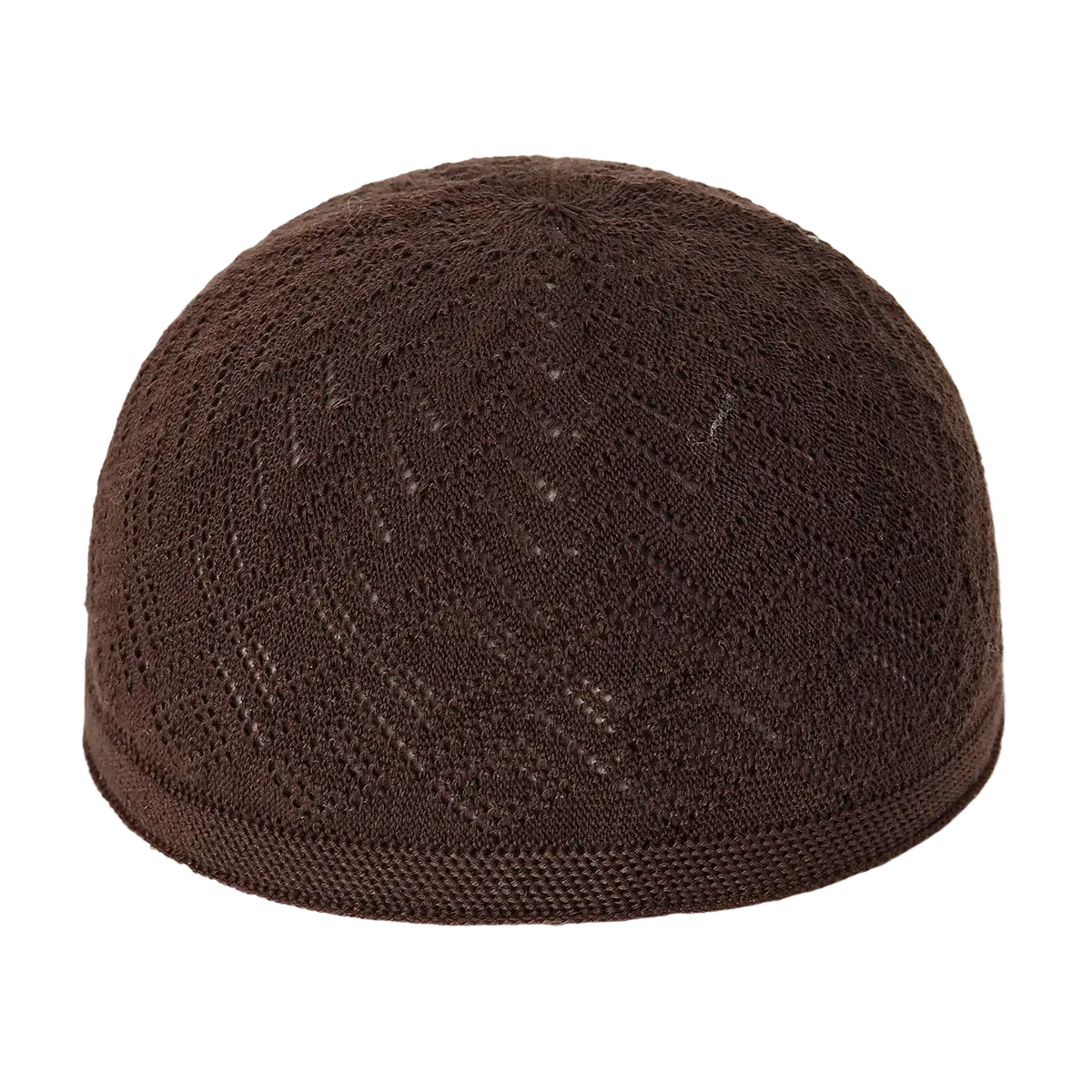Brown knitted muslim prayer kufi skull cap for men with textured openwork pattern made from soft yarn