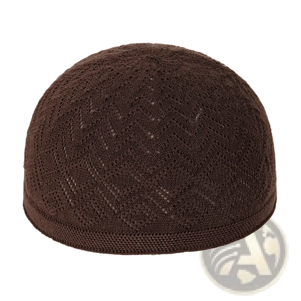 Brown knitted muslim prayer kufi skull cap for men with textured openwork pattern made from soft yarn