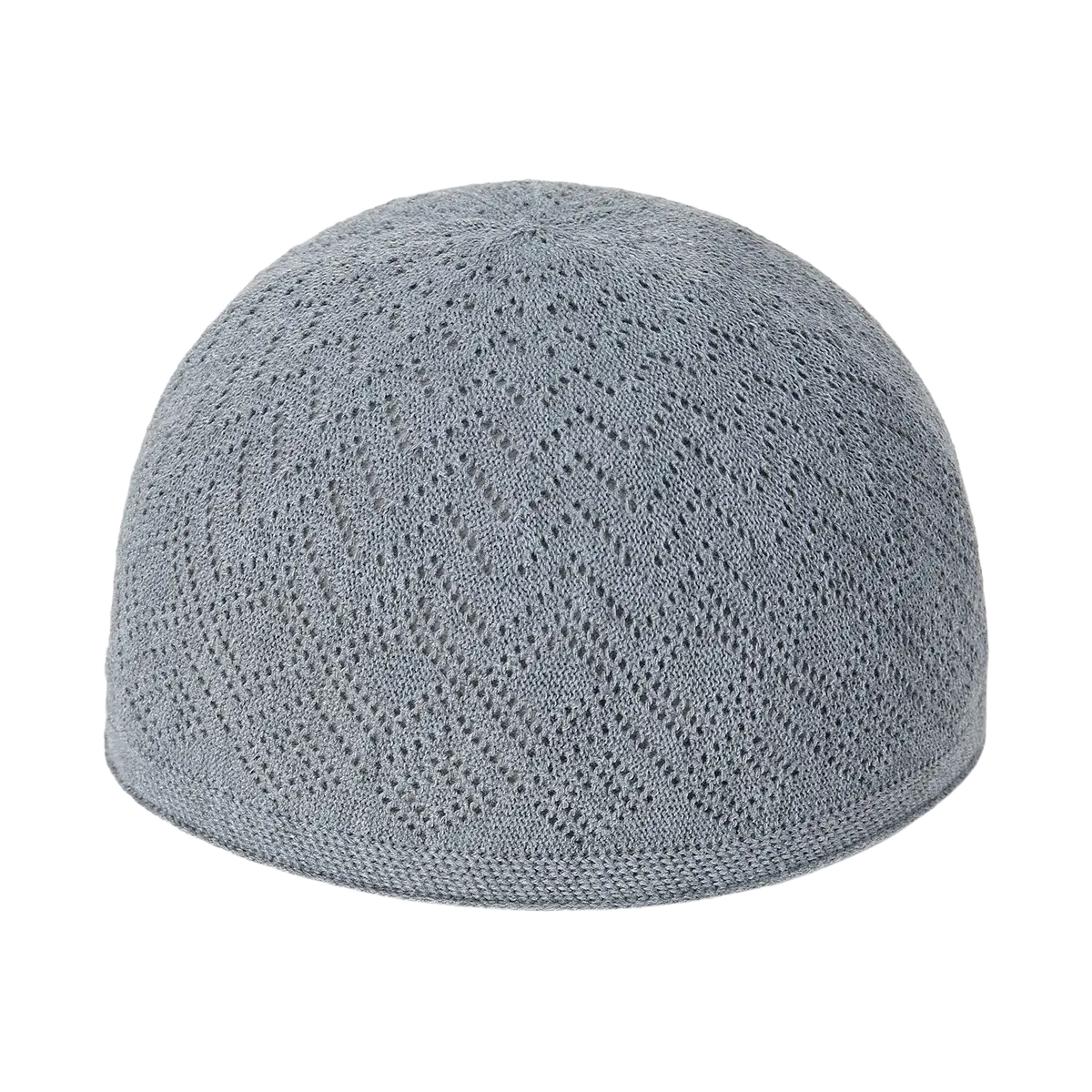 Gray knitted Muslim prayer kufi skull cap for men featuring a diamond-patterned mesh texture