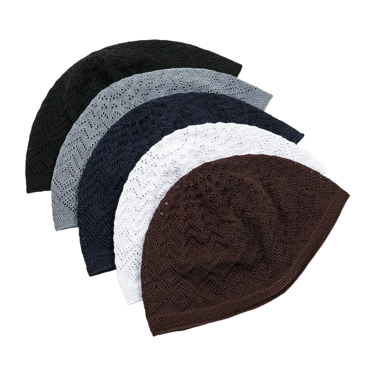 A set of five knitted Muslim prayer kufi skull caps in black gray navy blue white and brown for men