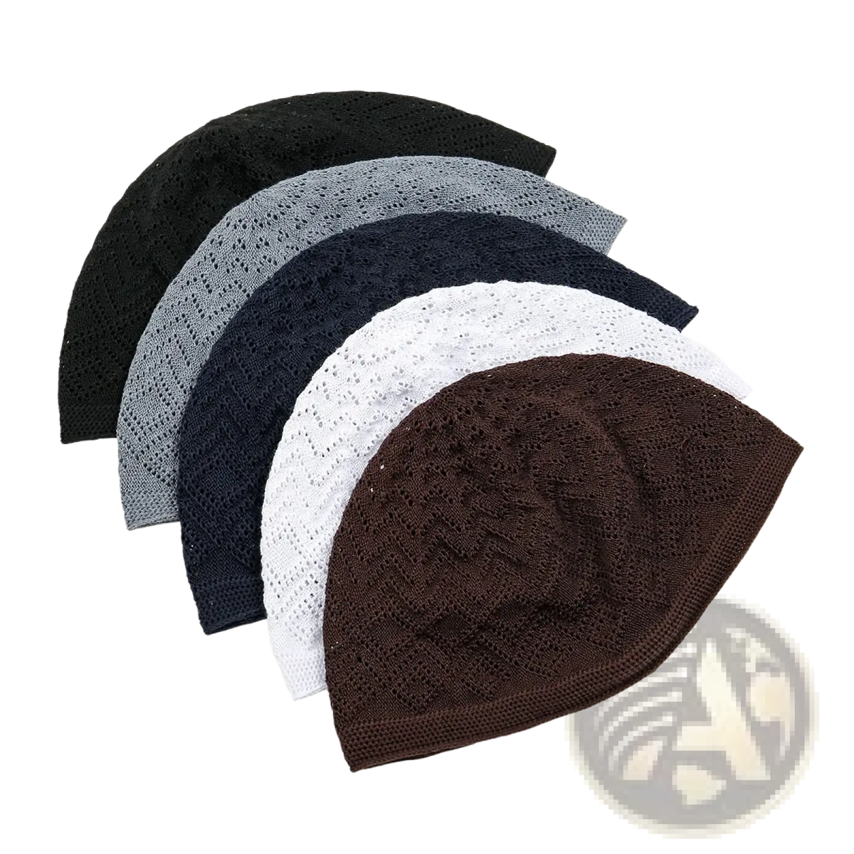 A set of five knitted Muslim prayer kufi skull caps in black gray navy blue white and brown for men