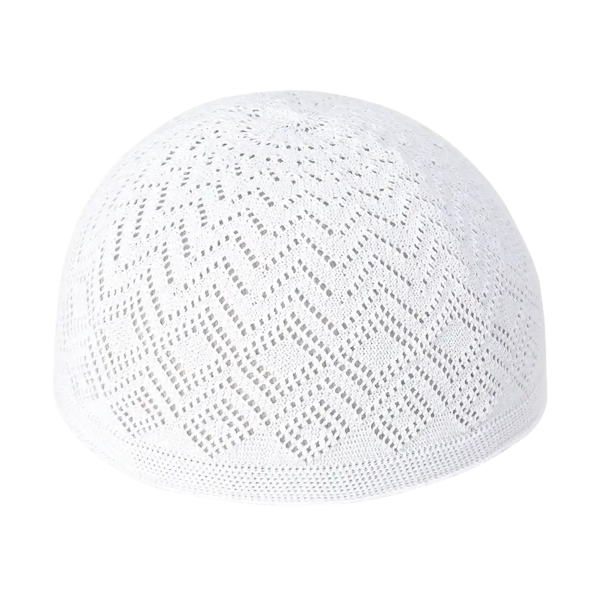 White knitted muslim prayer kufi skull cap for men with geometric pattern made of soft yarn