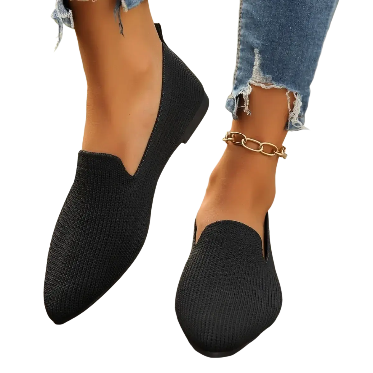 Black knitted pointed toe slip-on flats with a flat sole perfect for casual and formal wear