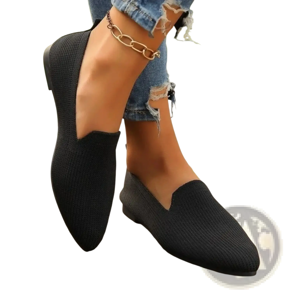 Black knitted slip-on flats with pointed toe and low heel ideal for comfortable everyday wear